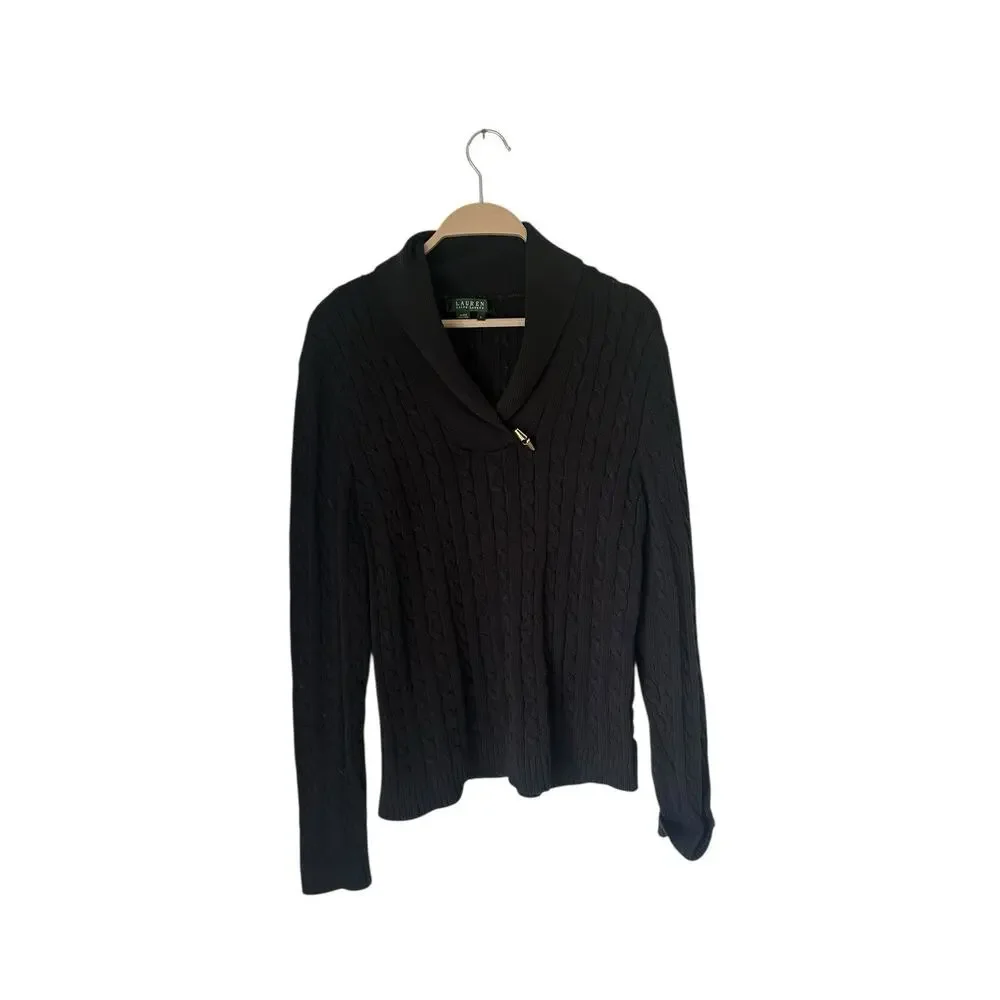 Lauren Ralph Lauren black cableknit collar v-neck toggle sweater size large wome